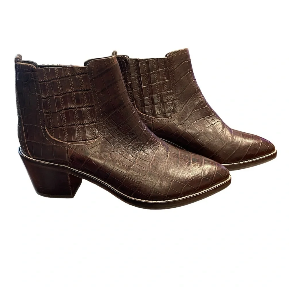 Boden Burwell Croc Embossed Leather Ankle Boot Brown Size 39/US 8.5 BB4